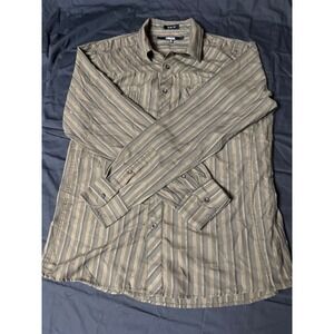 Carbon Mens Slim Fit Long Sleeve Striped Button Up Shirt Olive Brown XL
